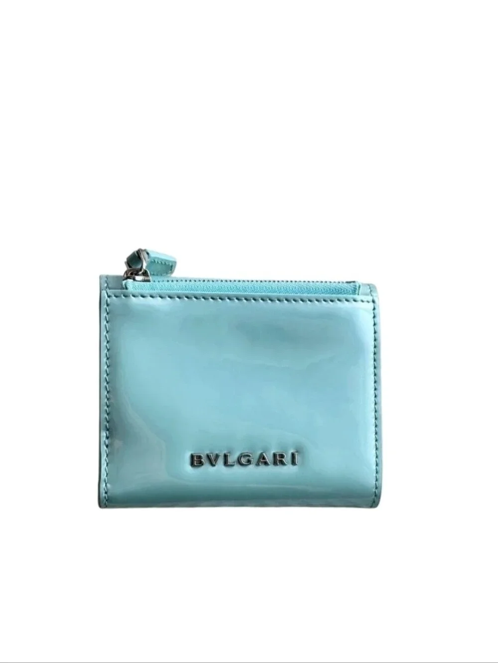Bvlgari Serpenti Forever Trifold Wallet In Blue Aquamarine And Patwnt Leather.